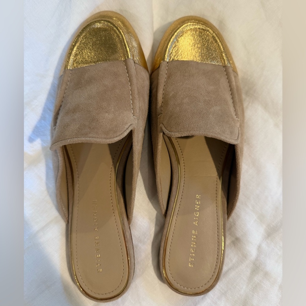 Etienne Aigner Gold and Beige Mules